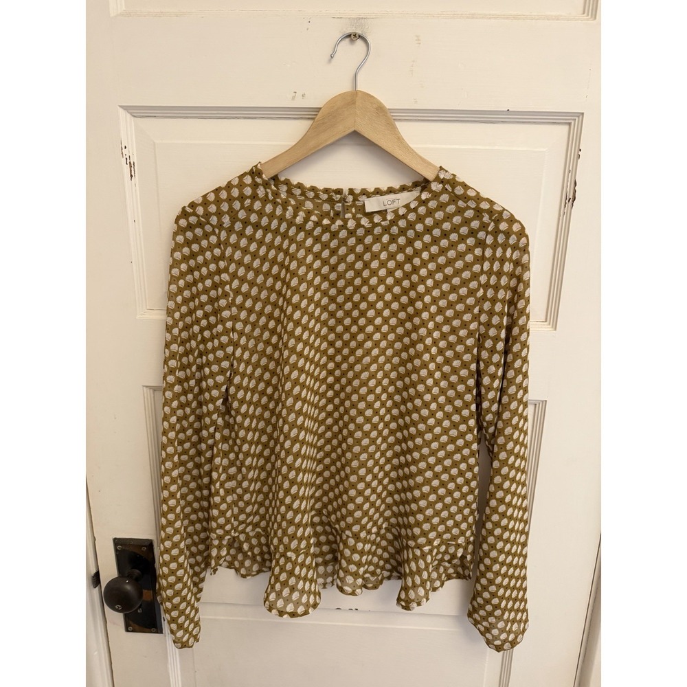 LOFT Women's Mustard‎ Geometric Peplum Blouse Sheer Retro Size XS